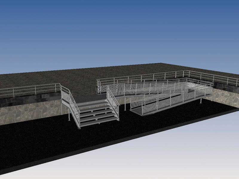 Maquette d'un accès par escalier et d'une rampe métallique pour personnes à mobilité réduite